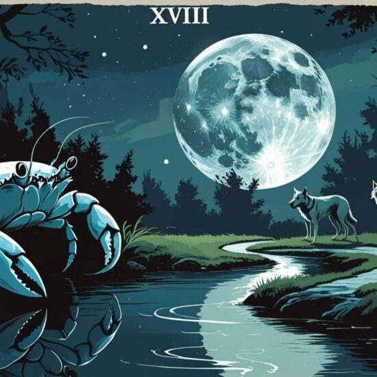 Tarotkaart de maan. Een kreeft komt uit het water en moet langs de hond en de wolf om bij zijn doel te komen.