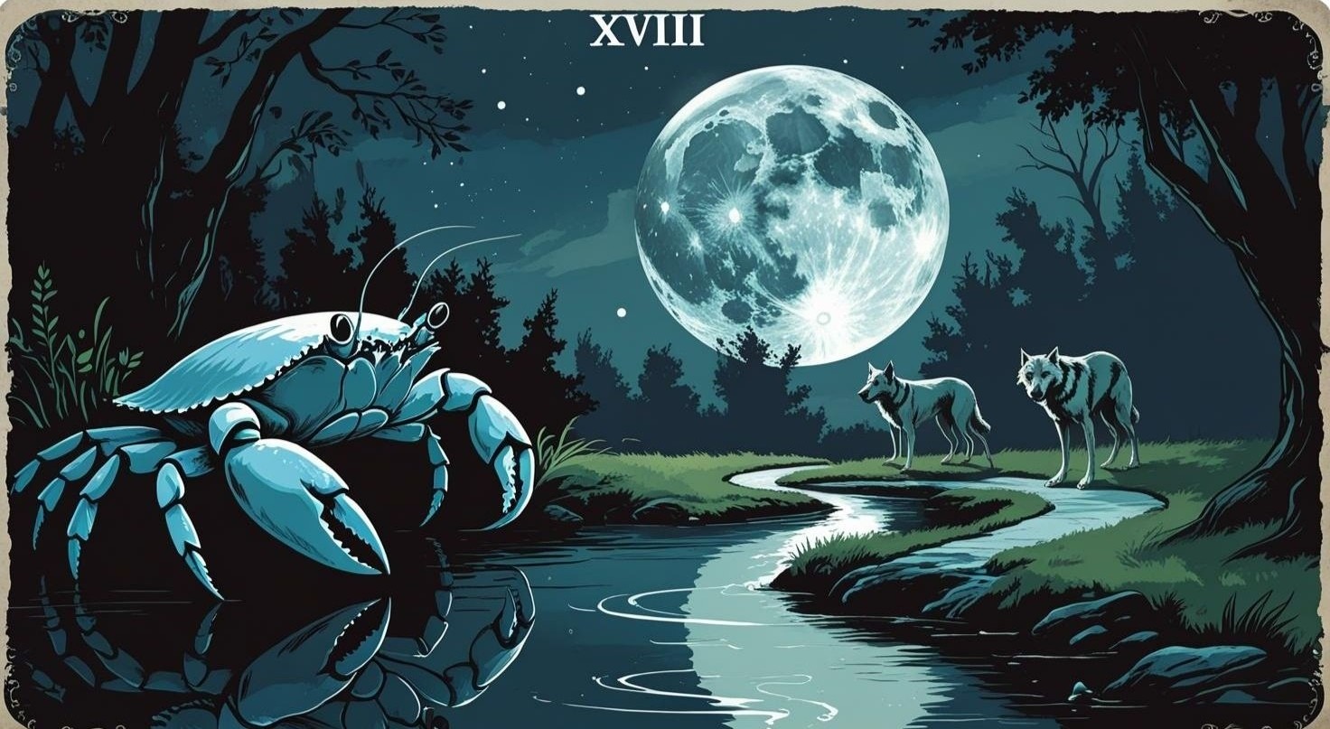 Tarotkaart de maan. Een kreeft komt uit het water en moet langs de hond en de wolf om bij zijn doel te komen.